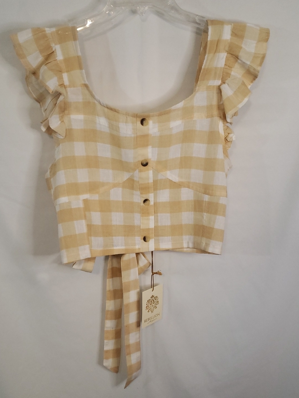 Rebellion Again Yellow/Cream Plaid Tie-Back Ruffle Sleeve Crop Top, Large